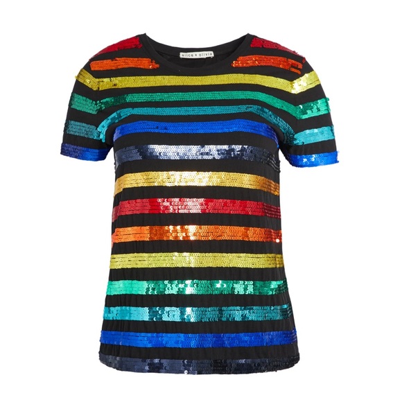 Alice + Olivia Tops - Alice + Olivia Rylyn Sequined Rainbow Striped Tee